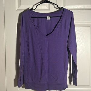 PINK Victorias Secret Solid Purple V Neck Long Sleeve Tee Womens Small